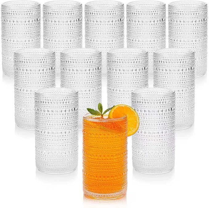 16oz Clear Hobnail Drinking Glasses with Straws Set of 12, Highball Glasses Cups, Kitchen Water Glasses Cup, for Cocktail, Juice, Whiskey, Milk and Various Mixed Drinks by HEFBCOMK