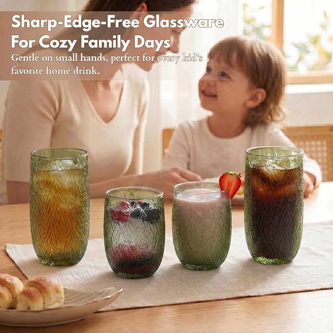 Green Drinking Glasses Set of 12, 12 Oz Highball & 10 Oz Cocktail Glasses, Green Kitchen Vintage Glassware Set, Floral Embossed Glass Tumbler Cups for Beer, Juice, Whiskey, Coffee(Leaf) - Image 6