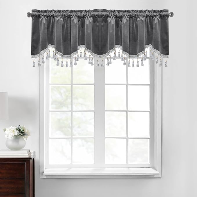 Grey Tassel Velvet Valances Curtains 52x18 Inch 2 Panels | Luxury Thick Tassel Tier Curtains for Windows, Privacy Elegant Home Decor for Kitchen, Bathroom, Rod Pocket by StangH