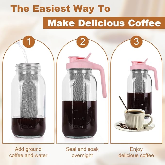 Cold Brew Coffee Maker，64 oz Wide Mouth Mason Jar Pitcher with Stainless Steel Filter, Pour Spout Handle Lid, Heavy Duty Glass Airtight & Leak-Proof for Iced Coffee & Tea Lemonade-Pink - Image 5