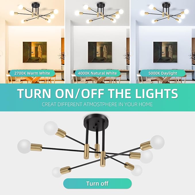 CANMEIJIA Sputnik Chandelier Modern Ceiling Light Fixture with 6 Lights Black Gold Mid Century Mount Ceiling Lights Fixture for Bedroom, Dining Room, Living Room, Kitchen, E26 Base, Bulbs Not Included - Image 4