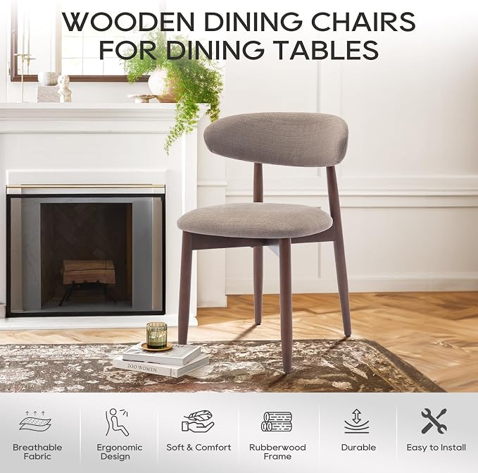 COLAMY Wooden Dining Chairs Set of 4, Modern Fabric Upholstered Dining Room Chair, Farmhouse Kitchen Chairs with Foot Pegs, Camel - Image 7