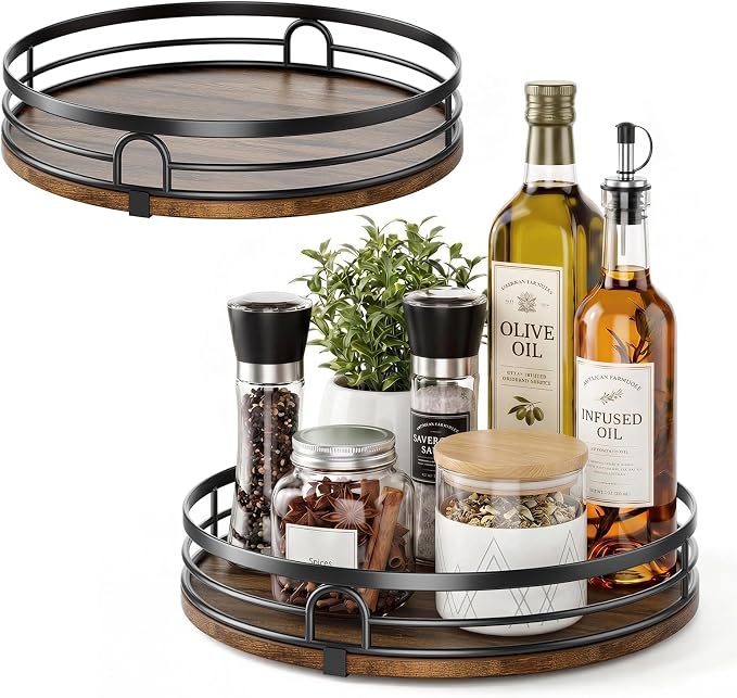 2 Pack 9" 10" Lazy Susan Turntable Organizer for Table Top | Round Wooden Lazy Susan for Cabinet, Countertop, Pantry, Spice, Kitchen, Bathroom Vanity, Coffee, Home Decor by Pantasia