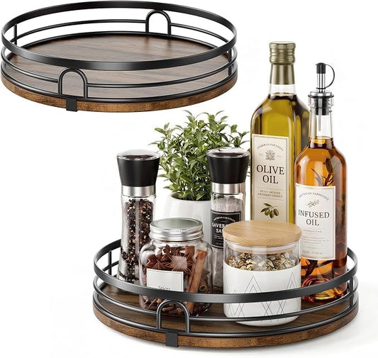 2 Pack 9" 10" Lazy Susan Turntable Organizer for Table Top | Round Wooden Lazy Susan for Cabinet, Countertop, Pantry, Spice, Kitchen, Bathroom Vanity, Coffee, Home Decor by Pantasia