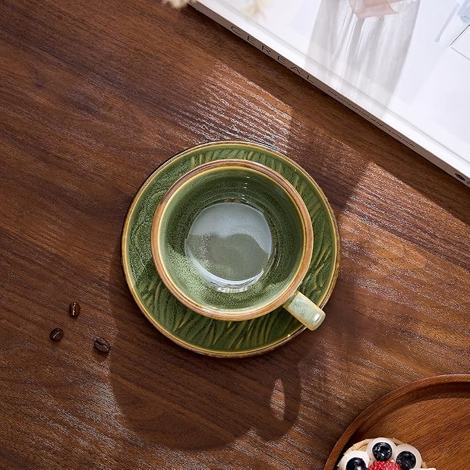 Coffeezone Vintage Design 12 oz Ceramic Latte Art Cappuccino Barista Cup with Saucer (Wave Green) - Image 4