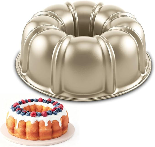 10 Inch Cake Pan, Nonstick Round Fluted Tube Cake Baking Pan, Buntz Pound Cake Mold,Tube Bakeware,Baking Mold for Jello/Gelatin/Chocoflan, Non Toxic, Easy Clean - Gold by Shinsin