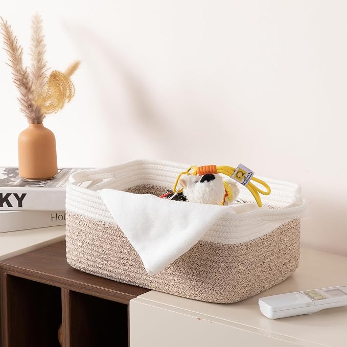 OIAHOMY 3 Pack Storage Baskets for Organizing, Woven Cotton Rope Basket for Shelves, Closet Organizer Bins with Handles, Rectangle Toy Organization, 13.78''×9.84''×5.5'', Brown & White - Image 6