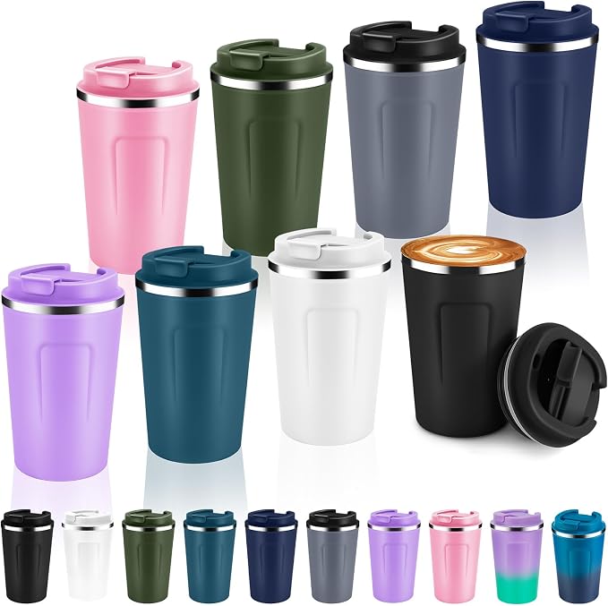 Volhoply 12 oz Double Wall Insulated Vacuum Travel Coffee Mug with Flip Lid Bulk 8 Pack,Reusable Stainless Steel Leak Proof Coffee Cup,Portable Cafe Thermal Tumbler for Hot Drinks(Assort Color,8 Set) by LiveFully%EF%BC%8CDrinkFreely%E2%80%94KeepGoingwithVolhoply%EF%BC%81