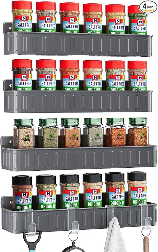 Nieifi Spice Rack Wall Mount, 4 Pack Grey, 2" Depth, Screw/Adhesive | Wall-Mounted with Removable Hooks Saves Counter Space, Fits 2" Deep Jars, Ideal for Kitchen Cabinets, Pantry Doors, and RVs. by Nieifi