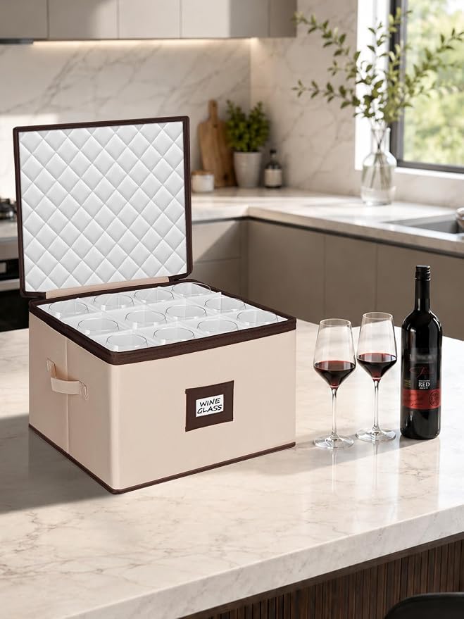 punemi Wine Glass Storage Box, 2-Pack Hard Shell Case with Padded Dividers | Hard shell support with dustproof lid and padded dividers, stackable for wine glasses, stemware and goblets, beige Set of 12 - Image 5