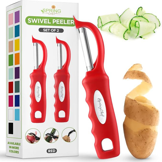 Spring Chef Swivel Vegetable Peeler with Ergonomic Handle, Set of 2, Red | Premium Potato Peeler w/ Ultra Sharp Stainless Steel Blades, Multifunctional Veggie Peeler for Apple, Carrot, Cucumber, Fruit by SpringChef