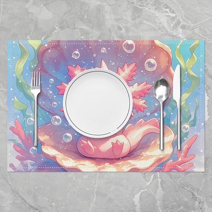 Feelyou Cute Axolotl Placemats Set of 4 12"x18" Cartoon Salamander Placemats for Dining Table Indoor Outdoor Kitchen Kawaii Ocean Sealife Table Mats Placemat Ocean Decor Table Place Mats Pink - Image 2