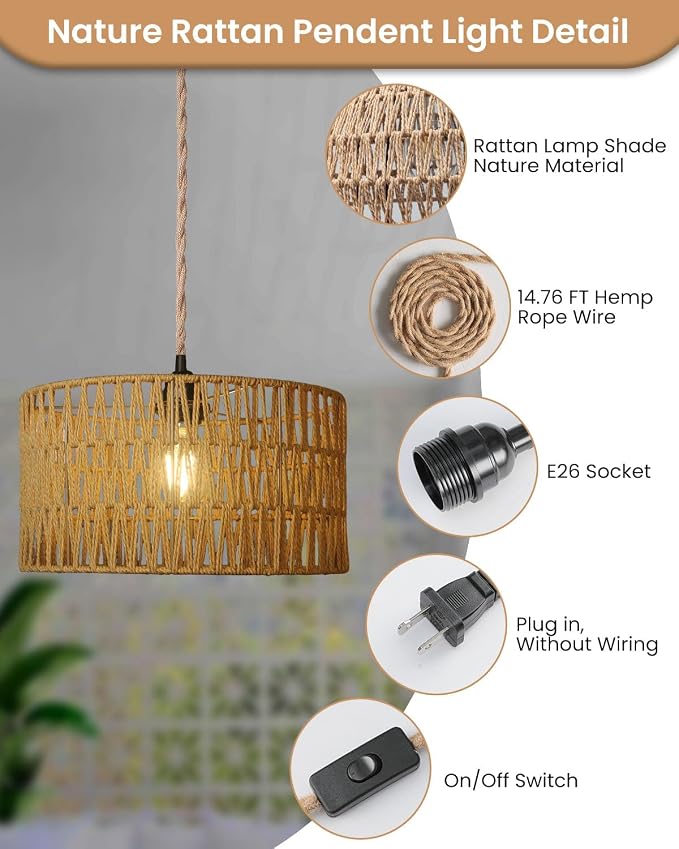 12.6 Inch Boho Hanging Light with Plug in Cord Rattan Hanging Lamp Hand Woven Rattan Wall Lightfor Bedroom, Living Room, Kitchen, Nursery, E26 Base, Indoor,Without Bulb - Image 4