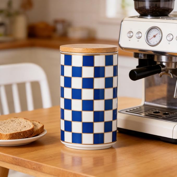 Kitchen Countertop Ceramic Checkered Canisters,Black And White Food Storage Containers With Lid,Airtight Kitchen Canisters for Flour, Sugar, Coffee, Tea, and Dry Goods (Blue, Large) - Image 4