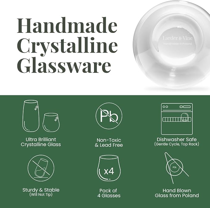 Larder & Vine Crystalline Glassware Tumbler Set, Artisan Drinkware for Cocktails, Water, Whiskey or Spirits, Handmade in Poland (Cafe Short) - Image 7