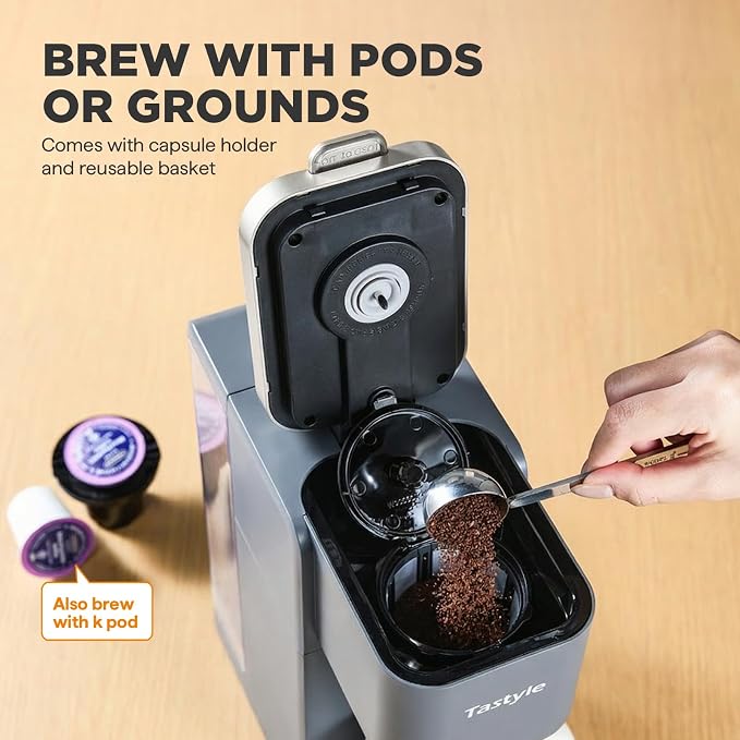 Tastyle Single Serve Coffee Maker for K Cups and Grounds with 3 Brew Styles | 40oz Removable Water Tank, 6 to 24oz Brew Size, Compact Design, Fits 7.3" Travel Mug, for Home, RVs and Office, K330IC, Gray - Image 4
