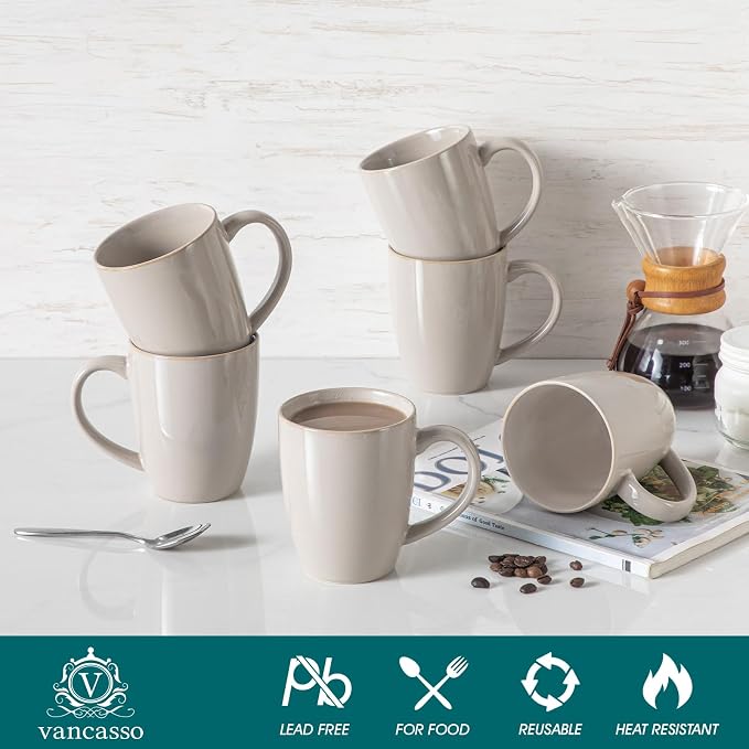 vancasso PLAYA Ceramic Coffee Mug Set of 6, 16 Oz Tea Cups with Handle for Latte, Tea, Cappuccino, Milk, Cocoa, Microwave&Dishwasher Safe, White - Image 3