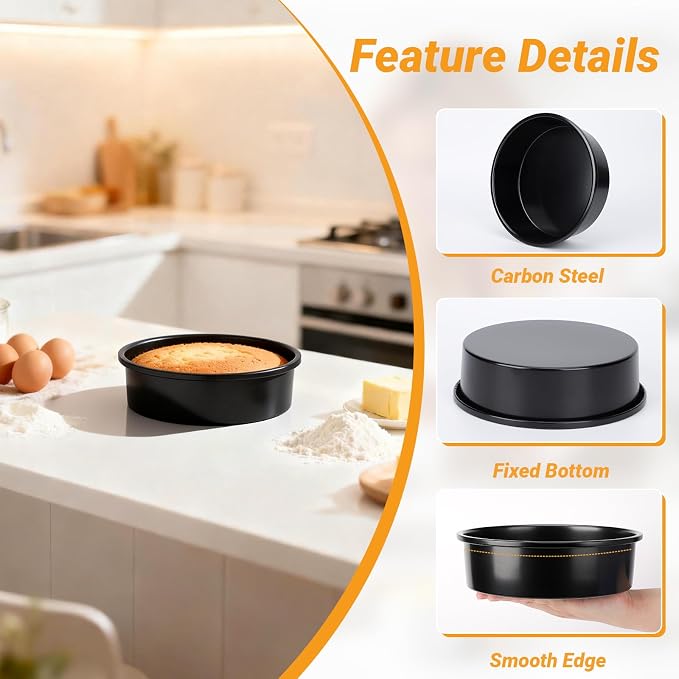 Beasea 8 Inch Cake Pan Set of 3, Nonstick Carbon Steel Round Cheesecake Pans, Heavy Duty Cake Mold Tin for Home DIY Dessert Baking - Image 3