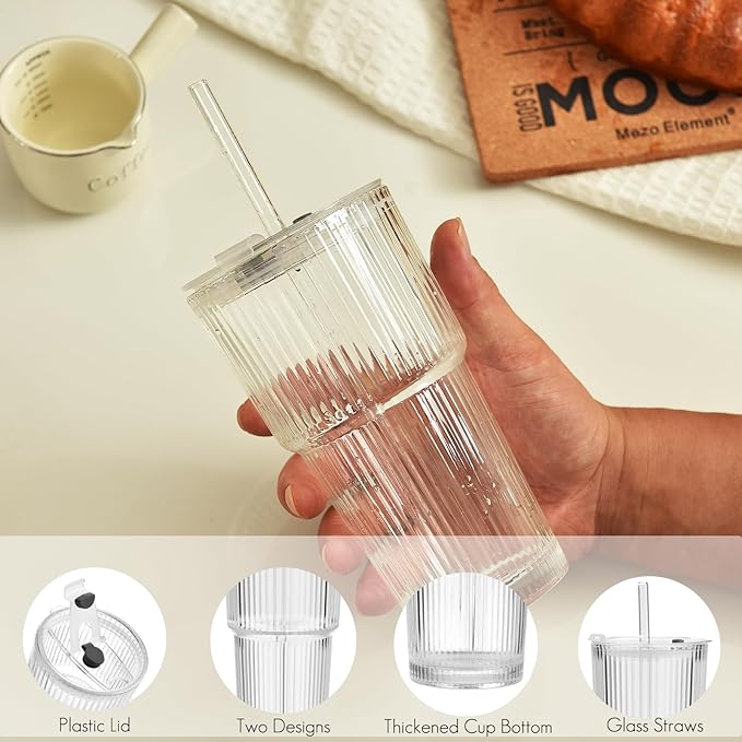 Haundry 20 oz Ribbed Glass Tumbler with Lids and Straws, 4 Pack Iced Coffee Cups, Thickened Glassware Set, Ripple Design Glass Cups for Coffee, Soda, Smoothies, Cocktails and Juice