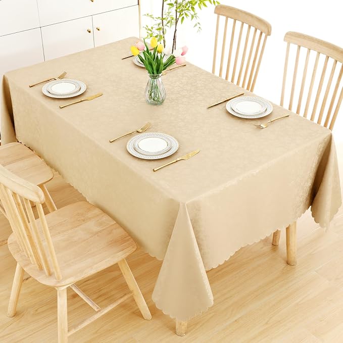 Smiry Rectangle Waterproof Heavy Duty Vinyl Tablecloths, 60 x 102 Inch | Wipeable Washable Floral Embossed Table Cover for Kitchen and Dining Room, Indoor & Outdoor Use, Champagne - Image 8