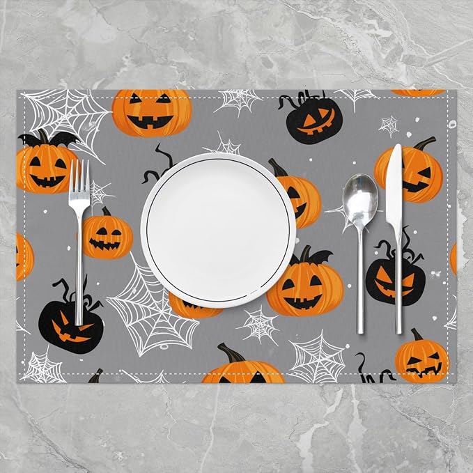 Feelyou Happy Halloween Placemats Set of 4 Pumpkin Lantern Table Mats Gray Orange Black Place Mat for Kitchen Dining Table Party Decor Indoor Outdoor 18"x12" Non-Slip Easy to Clean Spider Web - Image 2