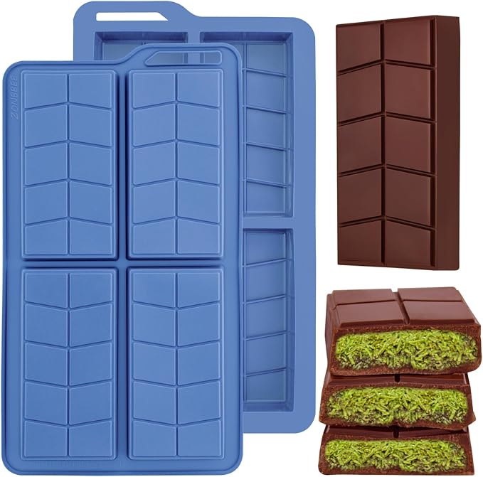 Silicone Chocolate Bar Molds Non Stick 0.82inch Deep,2 Pack Dubai Stuffed Bar Thick Mold for Homemade Making Filling Chocolate Energy Granola Bar by ZONBBEE