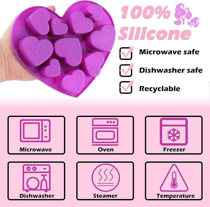 Patelai 4 Pieces Conversation Heart Molds Mixed Size 40 Holes Valentine's Day Heart Shaped Silicone Molds Non Stick for Chocolate Fondant Jelly Pudding Dessert Baking Candy(Pink, Purple) - Image 6