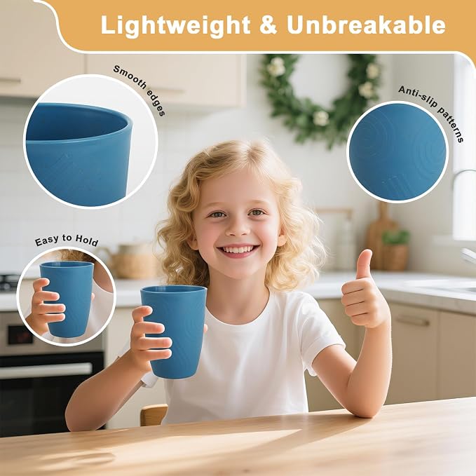 Wheat Straw Cups Set of 6, Plastic Drinking Glasses 12 OZ, Alternative to Plastic Cups Reusable, Unbreakable Water Cups for Kids, Microwave & Dishwasher Safe Drinking Cups for Kitchen - Blue - Image 4