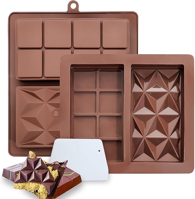 2 Pack Deep Chocolate Bar Molds, Silicone Dubai Chocolate Bar Mold, Candy Bar Mold for Stuffed Bar with Scraper