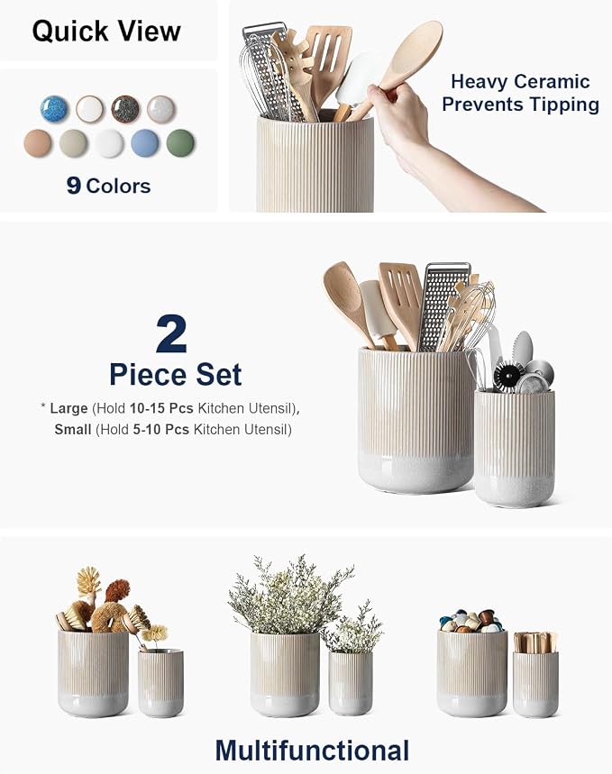 LE TAUCI Utensil Holder for Kitchen Counter, 7.3"+5.4" Fluted Ceramic Utensil Crock Organizer for Countertop, Heavy Large Holder for Spatulas, Spoons, Set of 2, Gray Marble - Image 2