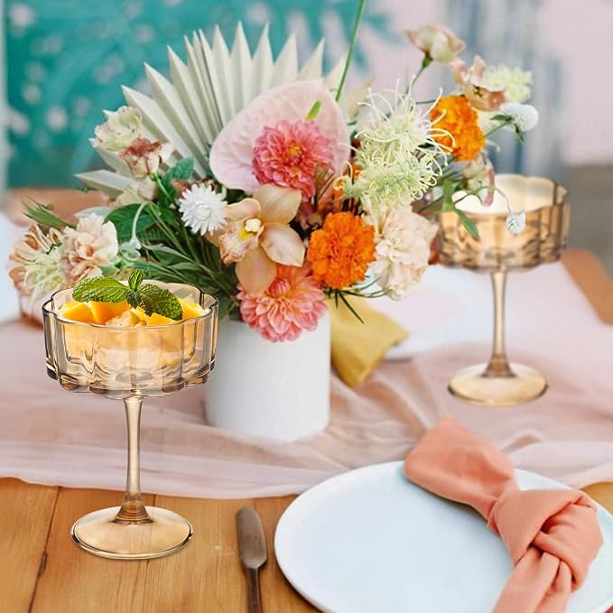 Vintage Champagne Coupes Glass Cute Martini Cocktail Glasses,13oz Crystal Martini Wine Glasses Set Of 24 Elegant Flower -Shaped Goblet Drinking Champagne Dessert Yogurt Ice Cream Glassware Cups Amber - Image 4