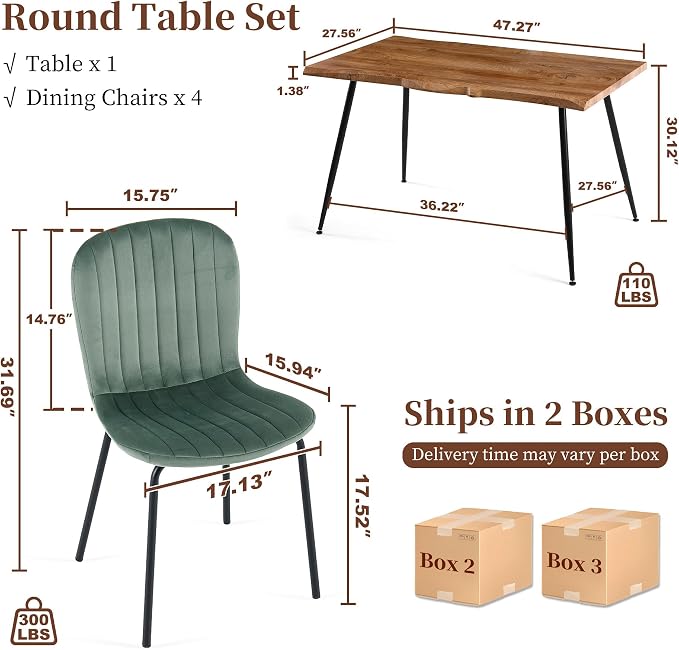 Rectangle Dining Table Set for 4 with Sage Green Velvet Chairs | 5-Piece Mid-Century Modern Set, Irregular MDF Table, Wood Grain, Space-Saving for Small Spaces, Dining Rooms, Easy Assembly - Image 3