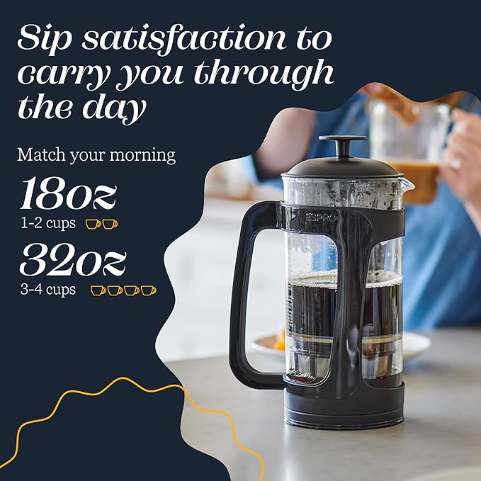 ESPRO P3 French Press Coffee Maker – Patented Double Micro-Filter for Grit-Free Brew, Heat Resistant thicker Borosilicate Glass Coffee press – (18 oz)