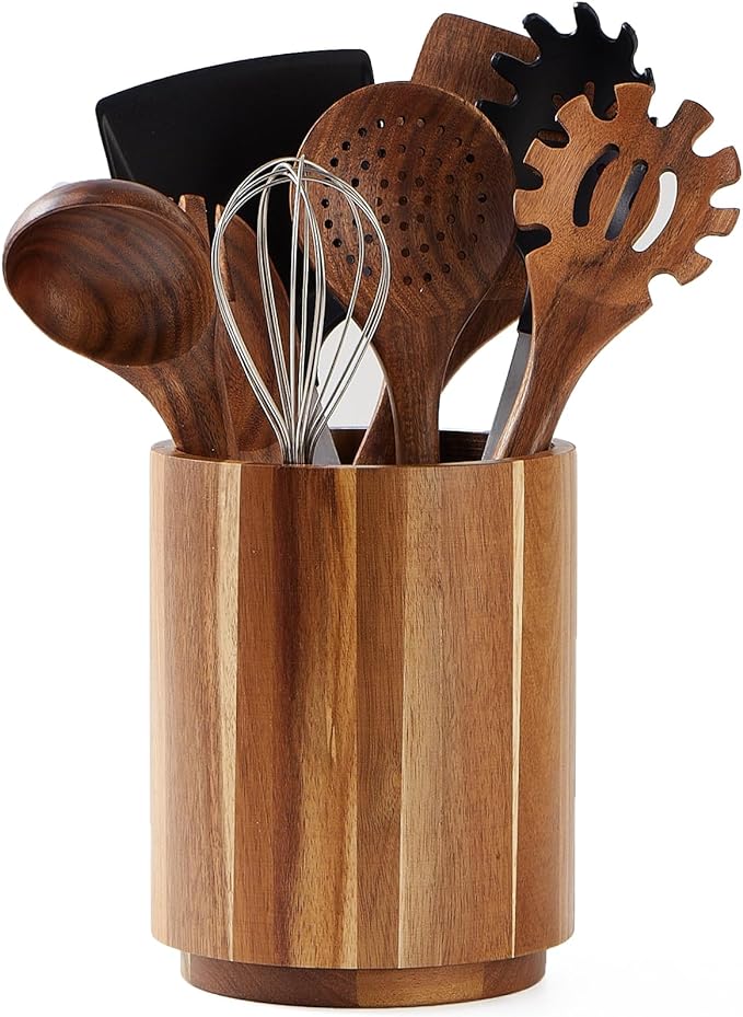 Acacia Wood Utensil Holder, 360° Rotating, Large Countertop Organizer, Farmhouse Kitchen Decor by LOHONER