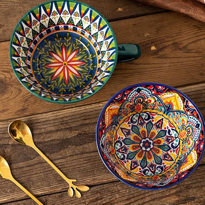 Bohemian Hand-Painted Ceramic Mug, 15 Oz Large Coffee Cup for Milk, Tea, and Breakfast, Dishwasher & Microwave Safe Artisan Cup, Navy Blue - Image 5