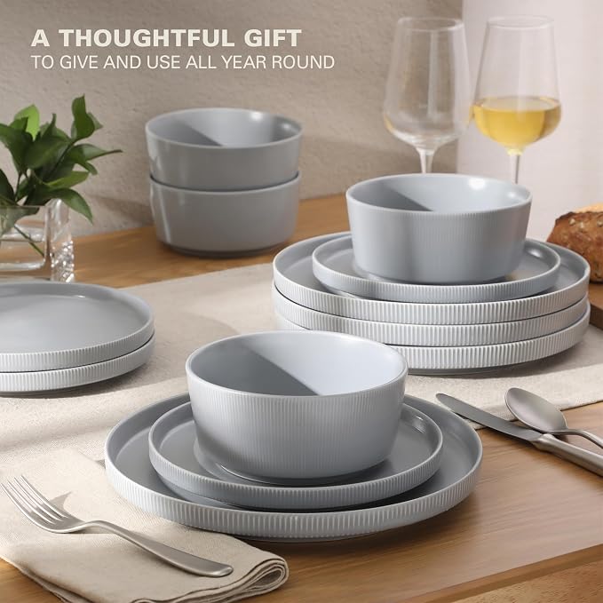 Gibson Home Dempsey Road 12-Piece Stoneware Dinnerware Set – Service for 4, Round Grey Plates and Bowls, Durable Solid Color Modern Embossed Dish Set, Microwave & Dishwasher Safe - Image 4