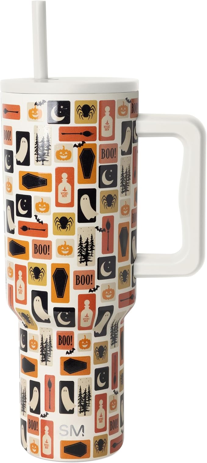 Simple Modern Halloween Tumbler with Handle | 40oz | Stamps | Trek Tumbler, Travel Mug | Insulated Water Bottle, Cupholder Friendly, Stainless Steel Cup, Spooky Stamps on Cream by Unknown