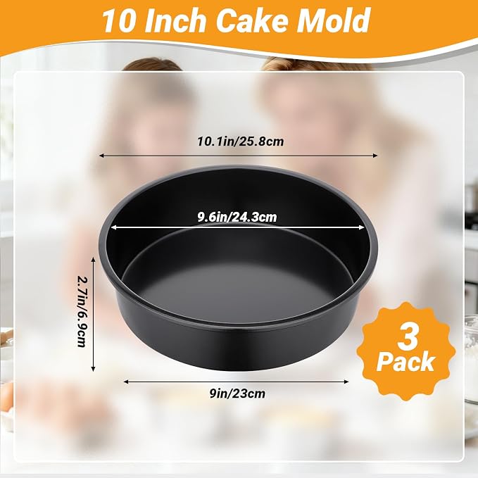 Beasea 10 Inch Cake Pan Set of 3, Large Carbon Steel Round Cake Pans for Baking, Heavy Duty Large Cheesecake Mold Tin Bakeware for Birthday Party Wedding - Image 2