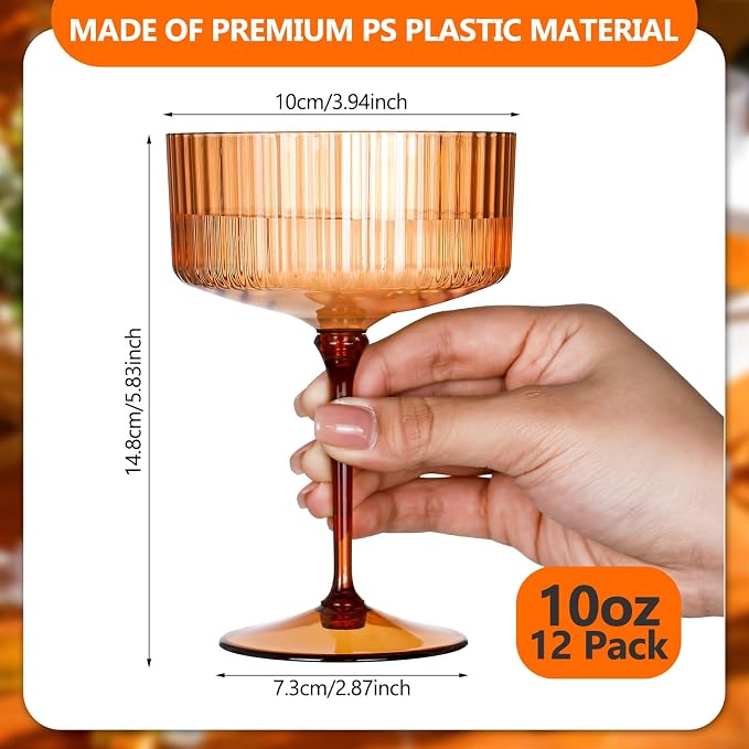 Jingmore 12 Pcs Ribbed Martini Glasses 10 oz Disposable Plastic Vintage Ribbed Coupe Glasses Unbreakable Dessert Parfait Glassware for Wedding Birthday Party Supplies (Brown) - Image 2