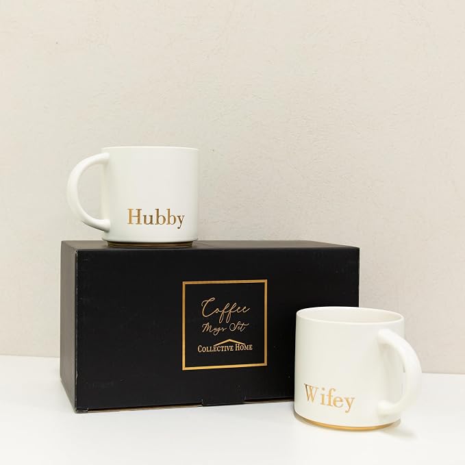 COLLECTIVE HOME Hubby & Wifey Ceramic Coffee Mug Set, 15oz, 2-Piece | Luxury Wedding Gift for Couples, Elegant Coffee Cups for Newlyweds, Anniversary & Engagement Gift, Gift Box Set - Image 3