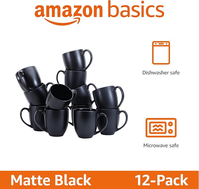 Amazon Basics 12-Pack Matte Black Ceramic Coffee Mug, 16 ounces, Microwave and Dishwasher Safe, Stoneware, Commercial-Grade - Image 2