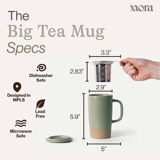 MORA Ceramics Large Tea Mug with Loose Leaf Infuser and Ceramic Lid, 18 oz, Portable, Microwave, Dishwasher Safe, Tall Coffee Cup - Rustic Matte Ceramic Glaze, Modern Herbal Tea Strainer, Thyme - Image 2