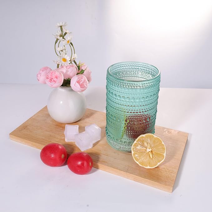 Set of 4 Hobnail Drinking Glasses, 15oz, Vintage Jupiter Drinking Glasses,Embossed Old Fsahioned Glassware for Beer,Water,Juice,Cocktail,Whiskey,Gift (Pool Blue, Large) - Image 4