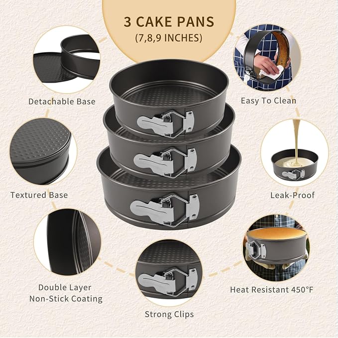 122PCs Cake Pan Sets for Baking, 7/8/9 Inch Round Cake Pans, Nonstick Springform Cake Pans, Cheesecake Baking Pans with 100 Pcs Piping Bags, 16 Pcs Nozzles, 3 Pcs Scrappers - Image 4