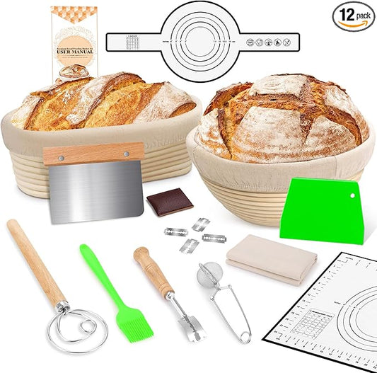 Large Sourdough Bread Baking Supplies, 10 Inch Round &12 Oval Banneton Bread Proofing Basket, Sourdough Starter Kit for Making Baking Fermentation