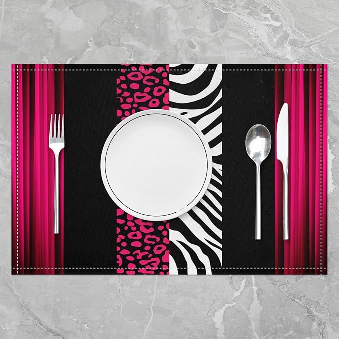 Feelyou Kids Leopard Zebra Placemats Set of 4 18"x12" Ombre Hot Pink Black Table Place Mats, Set for Decor Cheetah Placemat for Kitchen Dining Table Decor Indoor Outdoor Animal Print - Image 2