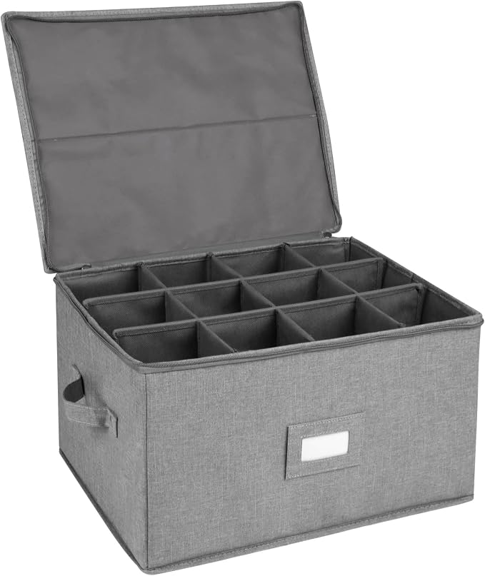 Stemware Storage Cases, Wine Glass Storage Box Containers with Dividers | Stackable China Storage Containers for 12 Wine Glasses, Drinkware, Glassware or Crystal (Light Grey) by popoly