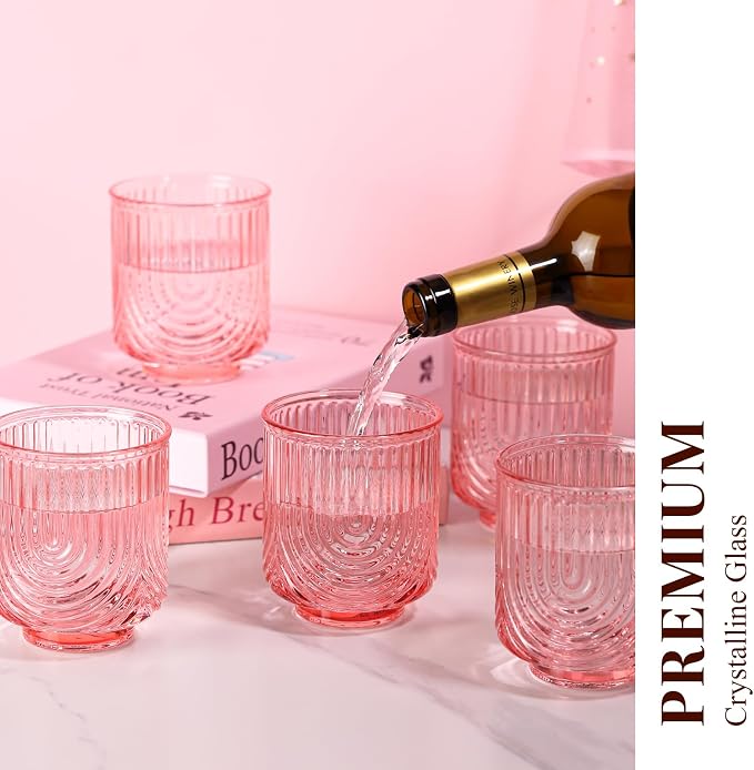 Pink Vintage Drinking Glasses Set of 6-15oz Hand-Blown Highball Ribbed Glassware, Arch Design Cocktail Glasses for Whiskey Water Beverages Ice Coffee Juice Milk - Image 5