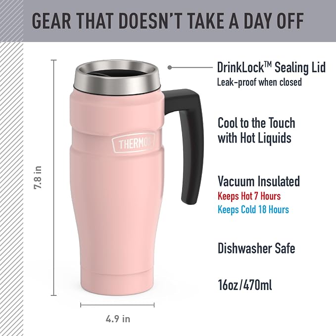 THERMOS Stainless King Vacuum-Insulated Travel Mug with Handle - 16oz, Matte Pink Tumbler for Hot & Cold Drinks - Leak & Sweat-Proof Stainless Steel Coffee Mug with Lid for Commuting - Image 2