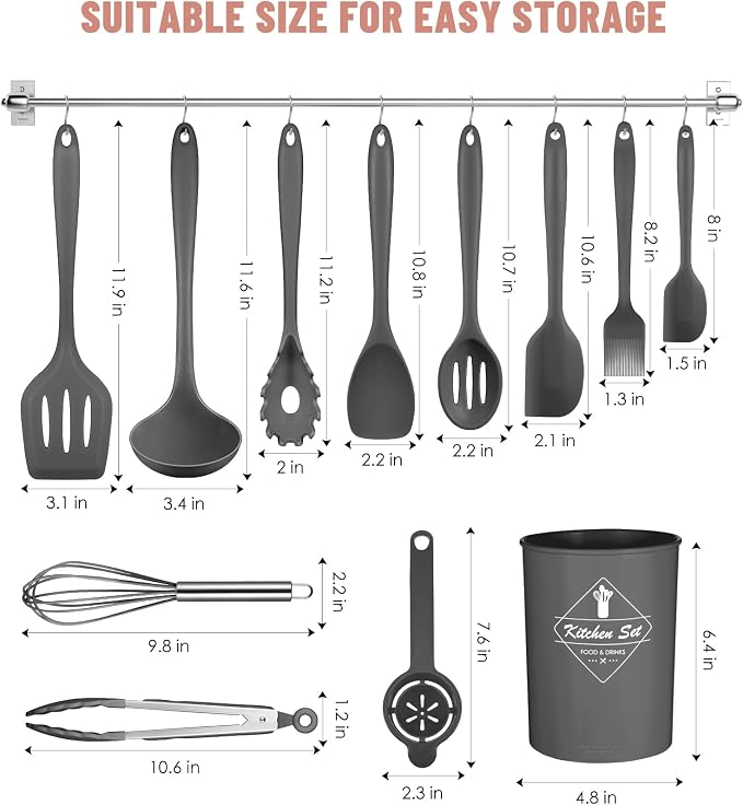 Gray Kitchen Utensils Set-12 Pieces Silicone Cooking Utensils Set | Dishwasher Safe 392°F Heat Resistant Spatula Set Kitchen Utensil Set for Nonstick Cookware,Best Kitchen Tools with Holder - Image 2